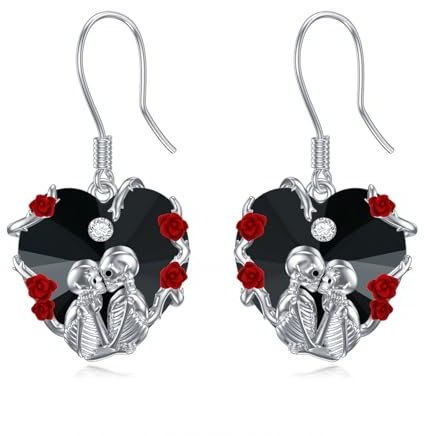 VONALA Skull Earrings for Women Sterling Silver Skull Rose Dangle Earrings Skeleton Lover Drop Earrings with Black Heart Crystal Gothic Skull Jewelry Gifts for Women Teens Girls
