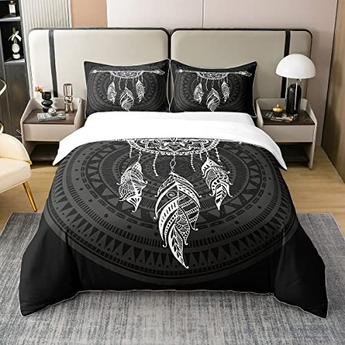 100% Baumwolle Traum Catcher Bettbezug 200x200,Boho Dreamcatcher Feder Bettwäsche Set für Mädchen,Schwarzer Weißer Mandala Bettbezug,Indischer Pfeil Geometrische Azteken Bett Sets mit 2 Kissenbezüge