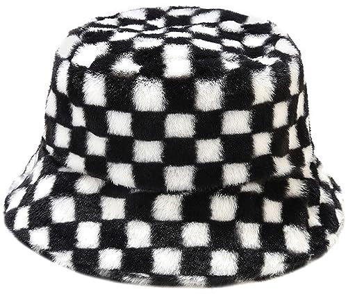 Malaxlx Damen Schach Schwarz Weiß Plüsch Fischerhut Wintermütze Flauschige Bucket Hat Warme Anglerhut