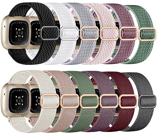 GEAK 12 Pack Elastic Nylon Band Compatible with Fitbit Versa 3/Fitbit Versa 4/Fitbit Sense/Sense 2 Bands for Women Men, Breathable Stretchy Sport Solo Loop Strap for Fitbit Versa 3/Versa 4 Smartwatch