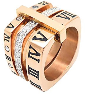 PAMTIER Damen Edelstahlring Quadratisch Style mit Römischen Ziffern aus Zirkonia 3 in 1 Ring Roségold Größe 52 (16.6)