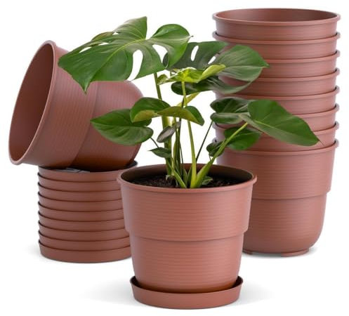 Plastard Blumentöpfe 10er Set 32 cm Durchmesser mit Untersetzer aus Kunststoff Terrakotta runder Pflanzkübel witterungsbeständiger Übertopf große Blumentöpfe