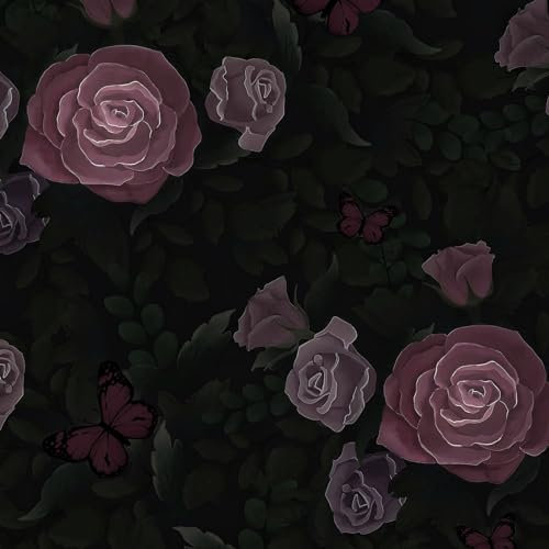 VOLEAAR Papier peint autocollant motif floral foncé vintage pour salle de bain, chambre à coucher, cuisine, salon, film vinyle autocollant amovible, imperméable, noir, violet, 44,5 cm x 300 cm