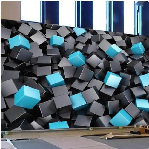 MOBYAT 3D Wallpaper Black Blue Geometric Cubes Wall Papers Home Decor Living Room Office Decor Wallpaper 3D,3D,250x175cm