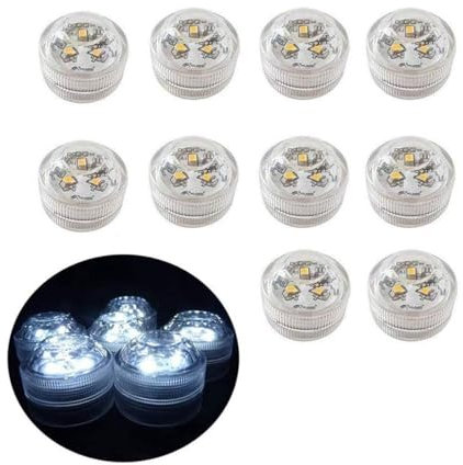 Underwater LED Flameless Tea Lights Battery Operated Waterproof Decorative Candle Lights for Pond Swimming Pool Fish Tank Pond Wedding Centerpiece Vase (10 Pcs White)