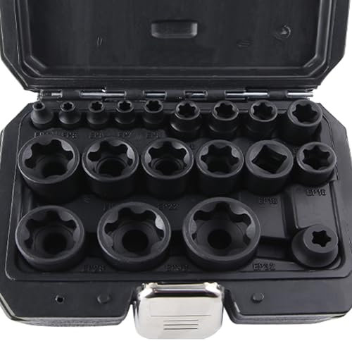 SPEEDWOX Juego de 19 llaves de vaso EP de 1/5.1 cm, 3/20.3 cm, 1/10.2 cm Drive External Torx Plus y hembra E-Torx Star Torque Socket con estuche de almacenamiento