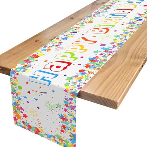 Tischläufer Geburtstag Weiß, Tischdecke Geburtstag mit Bunte Sterne, Happy Birthday Tischläufer zum Geburtstag, Tischdeko Geburtstag für Junge Mädchen Party Geburtstagsdeko, 180 x 35 cm