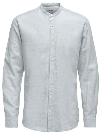 Herren O&S Leichtes Leinen Hemd Langarm Slim Fit Oberteil Einfarbiges Basic Shirt ONSCAIDEN, Farben:Blau-3, Größe Hemd:XXL