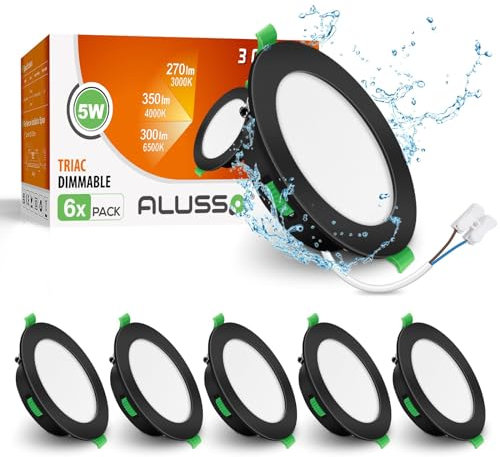 ALUSSO LED Einbaustrahler 230V Flach Dimmbar, 5W Schwarz LED Spots 230V, IP44 Bad Einbauleuchten Deckenspots Einbauspots, Warmweiß 3000K Neutralweiß 4000K Kaltweiß 6500K Deckenstrahler, 6er Set