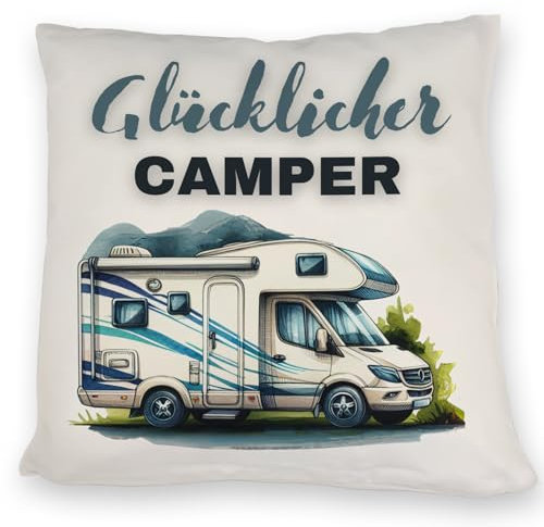 Wohnmobil Kissen mit Spruch Glücklicher Camper Wohnwagen-Zubehör Anhänger-Deko Mobiles Heim-Komfort Camping-Unterkunft Essentials