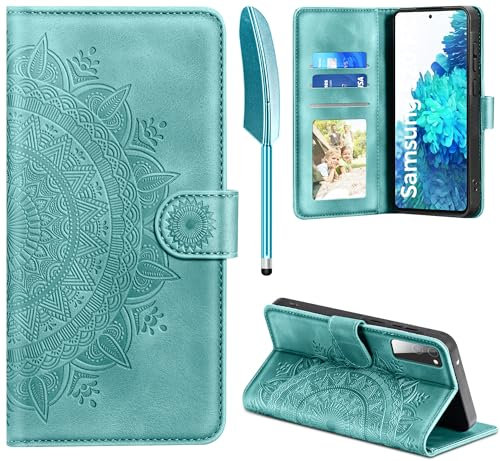 EASDNB Lederhülle für Samsung Galaxy S20 FE Hülle, Handyhülle für Galaxy S20 FE Flip Wallet PU Leder Case [Kartenfach] [Magnet] [Ständer] Prägung Klapphülle Schutzhülle für Samsung S20 FE, Grün