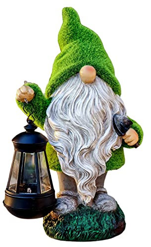 TERESA'S COLLECTIONS Lustig Gartenzwerge Gartendeko für Draußen 31cm Wetterfest Figur mit LED Solarlaterne Zwerg Gartenfiguren aus Kunstharz Gartenwichtel Gartendeko Gartenleuchte für Außen Grün