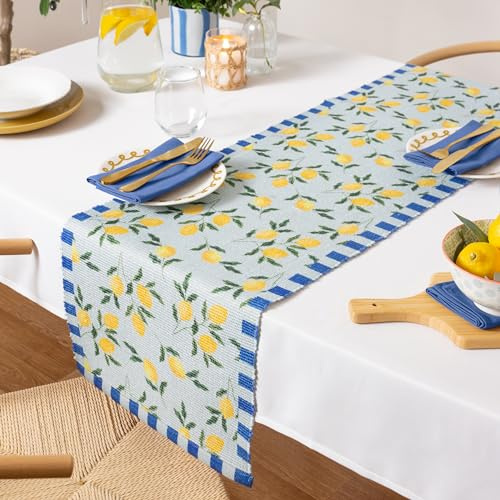 furn. Lemons Table Runner – Washable Striped Mediterranean Fruits Quick Drying Dining Table Decoration (Blue - 180x35cm)