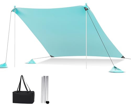 HOMASIS Protezione solare da spiaggia, tenda solare UPF 50+, tenda da spiaggia in lycra con ancoraggio e 4 sacchi di sabbia, tenda da sole con 2 aste di supporto e borsa per il trasporto, parasole per