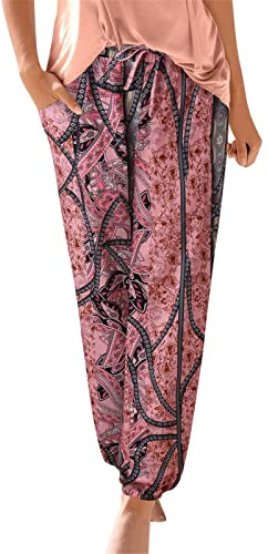 Summer Boho Women's Trousers - UK 2024 Beach Lounge Pants with Vintage Floral Print Linen Fabric, Elasticated Waist, Drawstring, Baggy Harem Hippie Style with Pockets