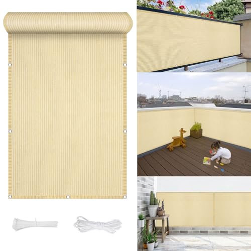 Balkon Sichtschutz Ohne Bohren 60 x 75 cm HDPE Atmungsaktiv Balkonverkleidung Balkonumspannungen mit Ösen Kabelbinder Und Kordel für Garten Balkon Zaun Terrassen, Creme Farben