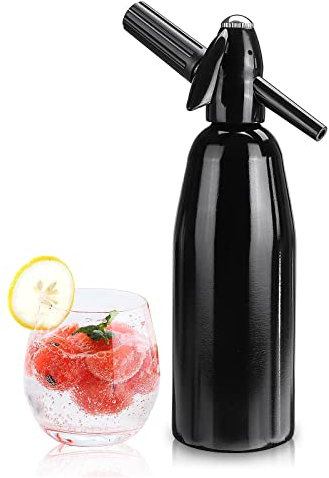 Soda Maker 1L Portable Sparkling Water Maker - Home Made Aluminum Soda Syphon for DIY Carbonated Soda Water, Retro Siphon Bottle Kit for Refreshing Seltzer, Cocktails, Juices, Fizzy Drinks, Black