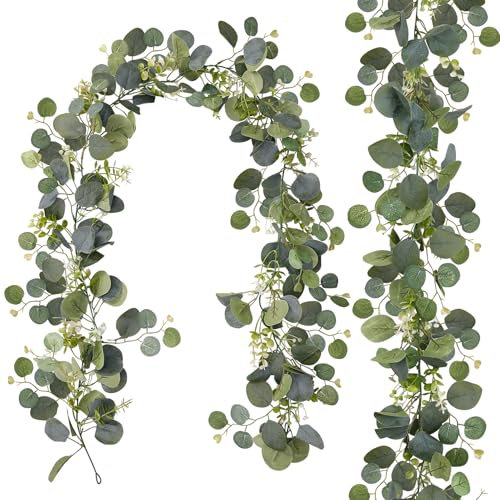 2Pcs Artificial Eucalyptus Garland, 5.9FT Greenery Garland, Faux Eucalyptus Leaves Vines Artificial Greenery Vines Table Runner for Table Home Wedding Indoor Outdoor Decor
