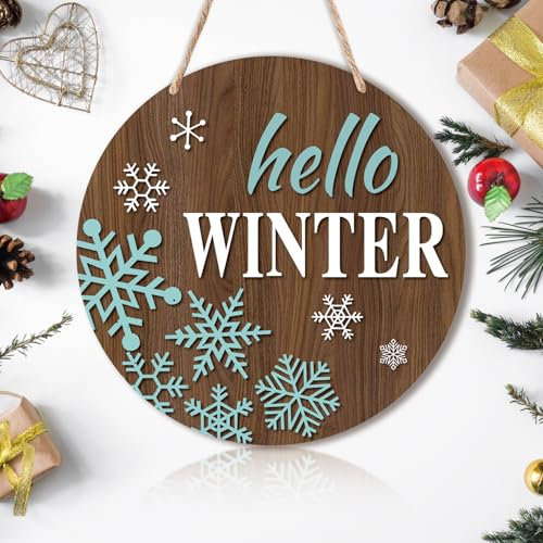 CHRWS04 Türschild mit Aufschrift Hello Winter (30,5 x 30,5 cm), rundes Weihnachtsschild, Weihnachtstürhänger, Schneeschild, Weihnachtsschild, Frohe Weihnachten, Türdekoration, Winter-Weihnachtskranz