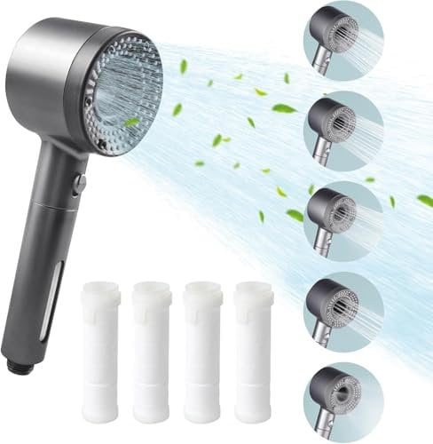 PacuM High Pressure Shower Head - Multifunctional 5-Mode Massage With Stop Button, Filtered for Hard Water, 4 Cotton Filters Included (Gray)