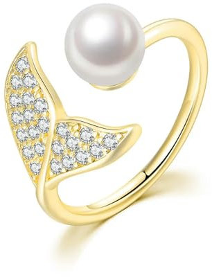 GWSGSFAS Verstellbarer Meerjungfrau Schwanz Ring für Frauen Öffnung Gold Farbe Zierliche Fee Kern Kristall Imitation Perlen Ring Zarter Trend Schmuck-6-R203