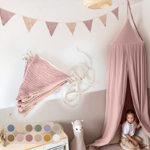 LILIMAUS Wimpelkette Stoff [in 12 Farben] Wimpelkette Kinderzimmer - 100% Baumwolle Handmade Girlande Stoff - Wimpelkette Musselin - Hausbett Deko Mädchen & Jungen - Girlande für Babyzimmer