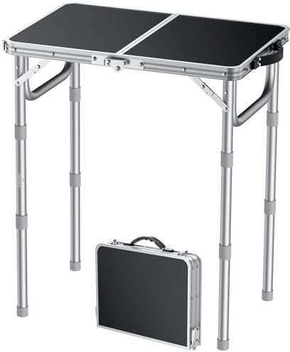 FUNYKICH Tavolo da Campeggio Pieghevole 58x40 cm,Tavolo da Picnic con 3 Altezze Regolabili(26/48/70 cm) in alluminio, piano in MDF,per Barbecue, Pesca e Campeggio,Argento