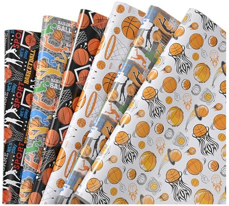 Liiqin Basketball Geschenkpapier Kinder,6 Blatt 50 cm × 70 cm Geschenkpapier Geburtstag,Geschenkpapier für Kinder Dekoration Jungen Geschenkverpackung Sport Geburtstagsgeschenk Happy Birthday Party