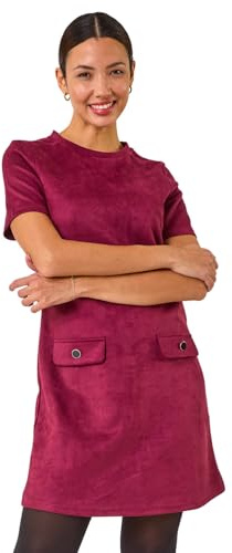 Roman Originals Suedette Button Shift Stretch Dress for Women UK - Ladies Everyday Autumn Winter Round Neckline Comfy Soft Evening Vacation Work Party Night Out
