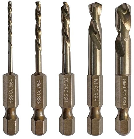 NordWolf 5-Piece M35 Cobalt Stubby Left Hand Drill Bit Set, Reverse Twist with 1/4 Hex Shank for Screw Extractors, SAE Sizes 5/64-7/64-5/32-1/4-19/64 in Storage Case