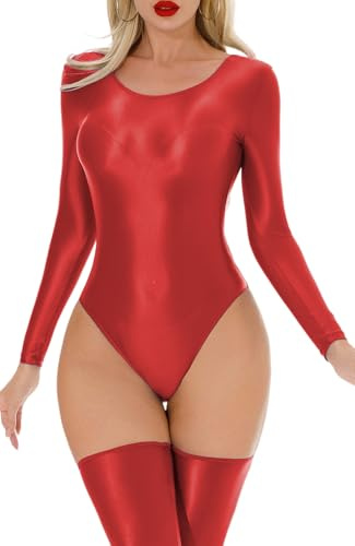 Panegy Damen Glänzender Metallic-Body mit langen Ärmeln, Ölglanz, Einteiler, Gymnastik- und Tanzanzug