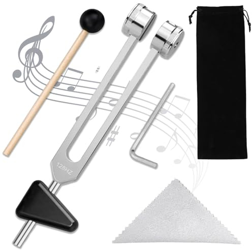WanderGo Stimmgabel 128 Hz, Stimmgabel Therapie Silber Aluminiumlegierung-Stimmgabel mit Silikonhammer Reparaturwerkzeug Reinigungstuch und Dreieckigem für die Therapie, Anti-Stress, Chakra-Therapie