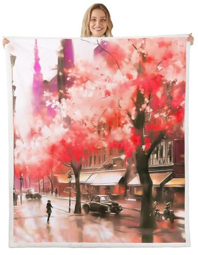 Loussiesd Coperta in pile per bambini con fiori di ciliegio rossi, 76 x 101 cm, coperta in pile Sherpa con fiori floreali per bambini, donne, uomini, romantico paesaggio urbano moderno per letto,