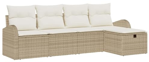 vidaXL Garten-Sofa-Set mit Kissen mit Speicher 5 pcs Beige Poly Rattan, Garten und Terrasse, Modulares Outdoor-Sofa-Set, robuster Loungesitz, wetterfest, verstellbare Füße, vielseitige Möbel