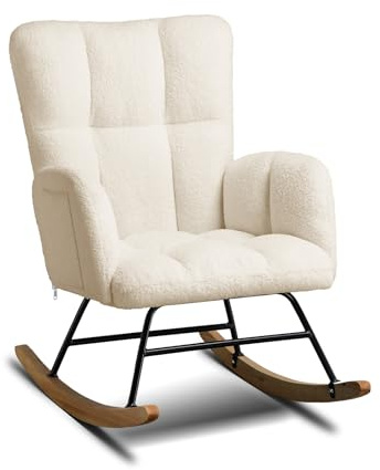 COMHOMA Schaukelstuhl, Relaxsessel mit Armlehnen, Ohrensessel aus Teddy-Plüsch Schaukelsessel, bis 150 kg belastbar, sonnenliege gartenliege für Schlafzimmer, Wohnzimmer, Stilvolles Design Beige