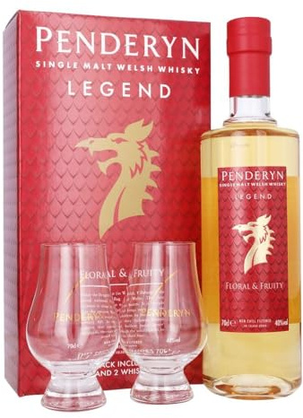 Penderyn Legend Single Malt Welsh Whisky |Gift Pack | Dragon Range | | 40% ABV |70 cl|Award Winning | Crafted in Wales |Presented in a Premium Gift Box and 2 Branded Glasses