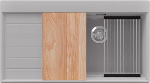 PRIMAGRAN Spülbecken ab 60er Unterschrank + Ablauf-Set, 90x50cm | Set: Ablauf-Set (Siphon, Ablaufgarnitur, Überlauf) + Granitspüle 1 Becken - Sydney Ergo, Grau