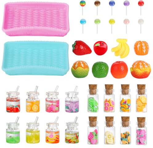 36 Stück Miniatur Wichtel Zubehör, Fruchtscheiben Glasflasche, Miniatur Essen und Trinken, Puppenhaus Obst Glas Set, Puppenhaus Zubehör für Weihnachten Deko, Mini Küche
