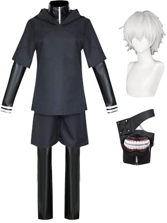 Zhongkaihua Anime Cosplay Kaneki Ken Halloween-Kostüm, Maske und Perücke für Herren, schwarze Uniformjacke, Oberteil und Hose, Anime-Rollenspiel-Outfit