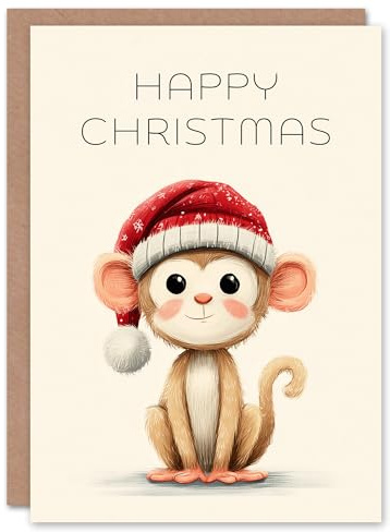 Artery8 Christmas Card Cute Baby Monkey Cartoon Wearing Santa Hat