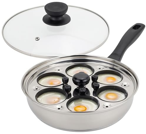 Egg Poacher 6 Cup Nonstick Stainless Steel Egg Poacher Pan with Glass Lid and Handle, Even Heating Poaching Pan for Perfect Poached Eggs at Home Kitchen