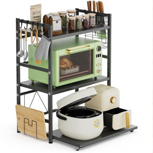 Warmiehomy 3 Tier Expandable Microwave Shelf Stand with Mobile Platform, 39-62 cm Adjustable Width, Metal Over Microwave Shelf Unit with Chopping Board & Cutlery Holder, 5 Hooks, Black
