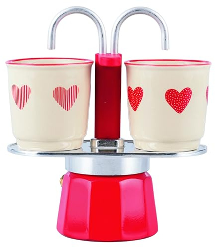 Set caffettiera con doppio beccuccio erogatore e 2 tazze da 100 ml in gres, Cuoricini