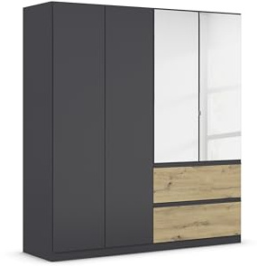 Rauch Möbel Costa, Kleiderschrank, Farbe Grau metallic, Breite 181 cm | Schrank, 4-türig, Spiegel, 2 Schubladen, Push-to-open, Zubehör Premium, für Schlafzimmer, Kinderzimmer, Babyzimmer, Garderobe