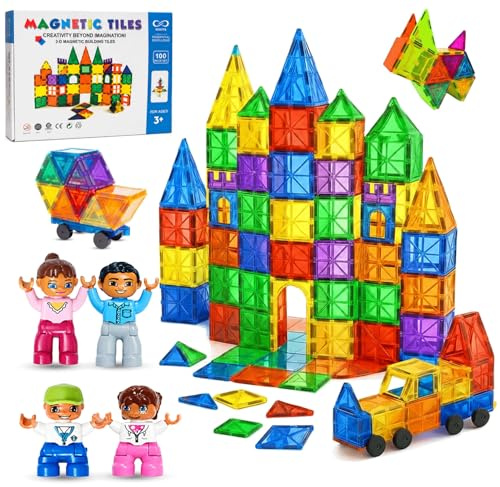 Magnetic Tiles Set 100PCS with 2 Car Bases & 4 Play Figers, Strong Magnetic Building Blocks for Kids Age 3-8 Year, STEM Educational Toy Compatible with Magna Tiles, Gift for Boys & Girls