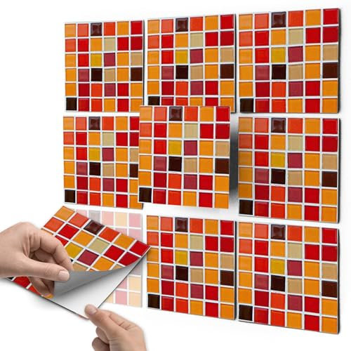 Mosaik Fliesen-Aufkleber I Selbstklebende Sticker-Fliesen für Küche u. Bad I Fliesenmotive für Küchenrückwand - Wandgestaltung mit Kachel-Motiv Folie I 20x20 cm - Muster Mosaik Rot-Orange - 54 Stück