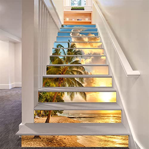 FLFK 13 Pcs 3D Le coucher du soleil Océan Plage Paume Arbre Autocollants d'escalier auto-adhésifs Peel and Stick Escalier Riser Stickers Escalier Stickers Murale Decal 39.3x 7