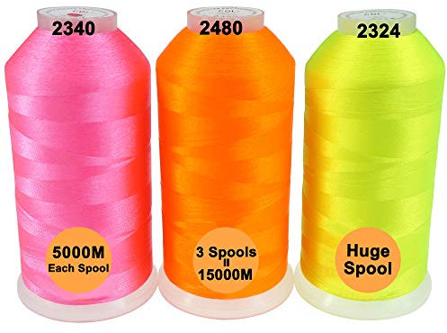 New brothread 3er Set Neon (Fluoreszierend) Farben Polyester Maschinen Stickgarn Riesige Spule 5000M für alle Stickmaschine