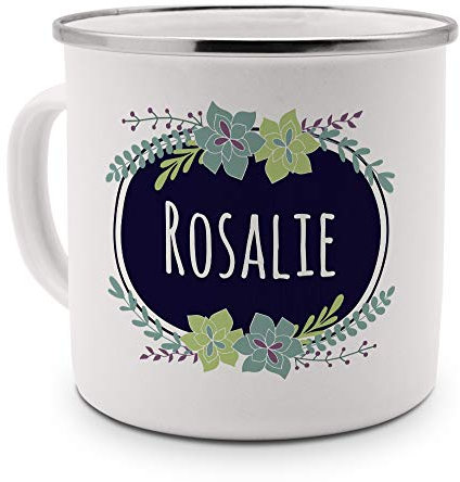 printplanet Emaille-Tasse mit Namen Rosalie - Metallbecher mit Design Flowers - Nostalgie-Becher, Camping-Tasse, Blechtasse, Farbe Silber