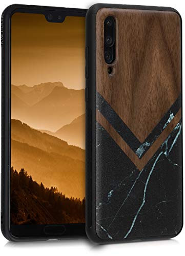 kwmobile Hülle kompatibel mit Huawei P20 Pro Hülle - Holz Case - Handy Cover - TPU Handyhülle in Schwarz Weiß Dunkelbraun Holz Glory Marmor